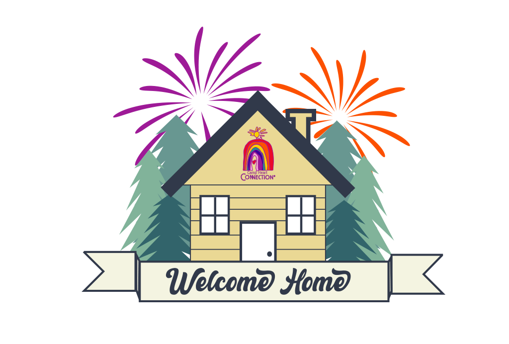images of camp heart connection cabin with fireworks, trees and the saying of welcome home