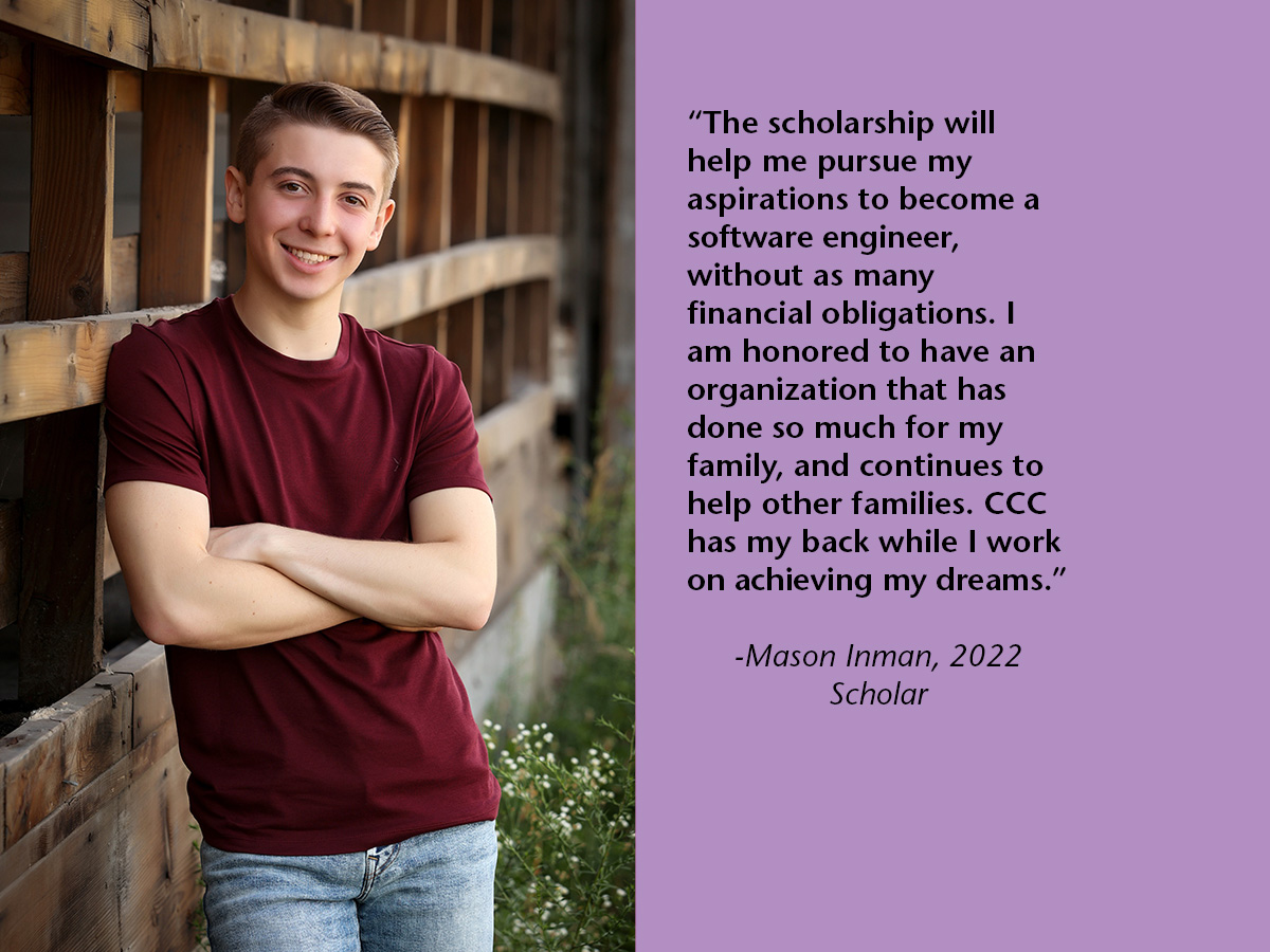 photo of mason inman with quote about how scholarship is helping him as he studies to become a software engineer
