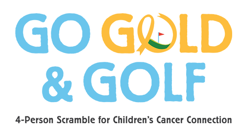 go gold and golf text logo with yellow childhood cancer ribbon and golf pin