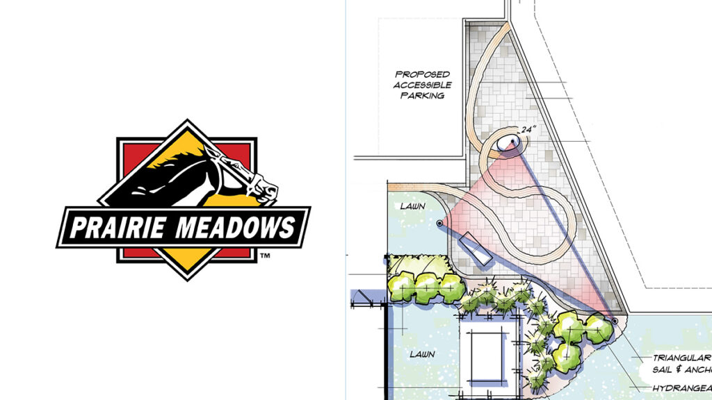 prairie meadows logo and gold ribbon walkway rendering